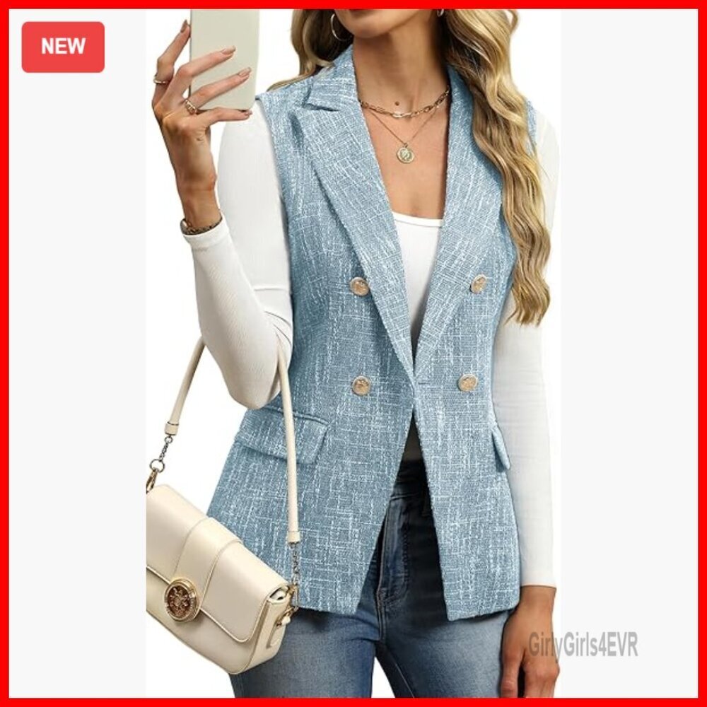Sleeveless Tweed Vest Double-Breasted Blazer Style with Pockets
